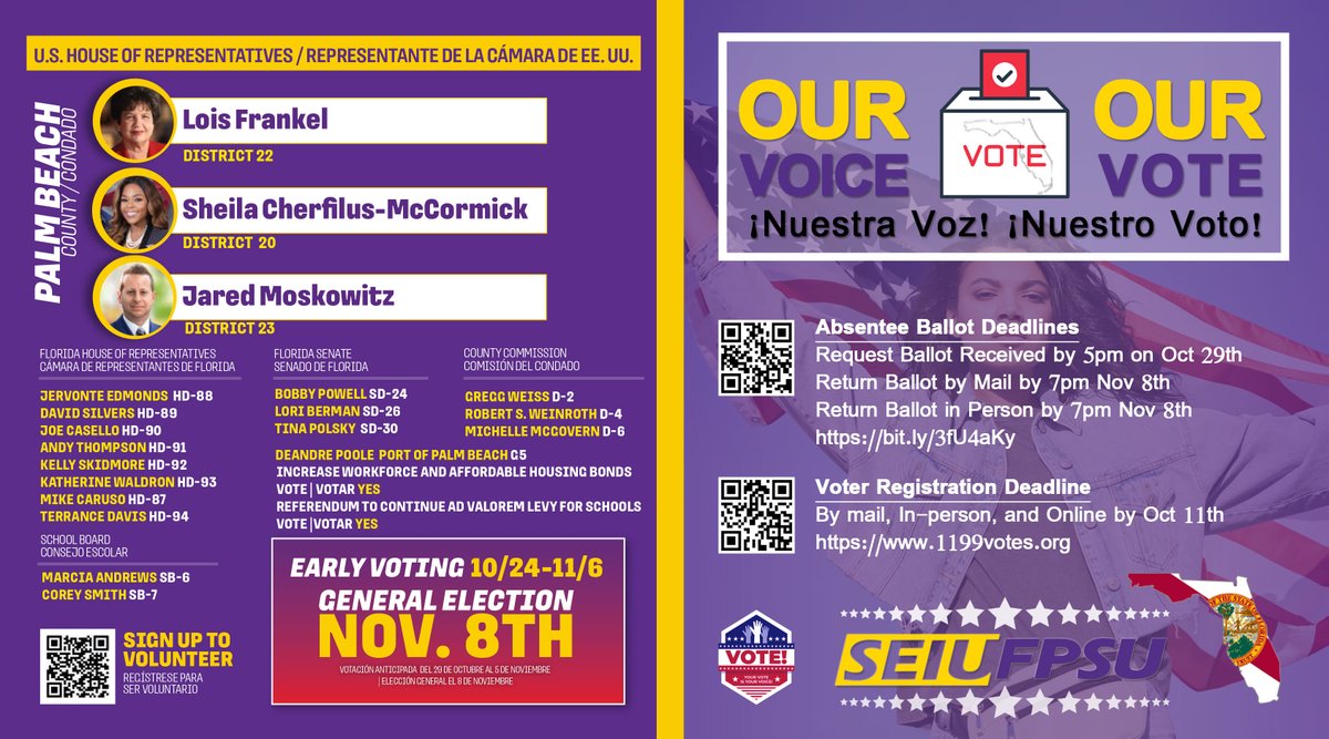 SEIU FPSU (@seiu_fpsu) on Twitter photo PALM BEACH COUNTY
Voter Registration Deadline
By mail, In-person, and Online by Oct 11th 
1199votes.org
Absentee Ballot Deadlines 
Request Ballot Received by 5pm on Oct 29th 
Return Ballot by Mail/ in person by 7pm Nov 8th 
1199votes.org/.../request-yo… PALM BEACH COUNTY
Voter Registration Deadline
By mail, In-person, and Online by Oct 11th 
1199votes.org
Absentee Ballot Deadlines 
Request Ballot Received by 5pm on Oct 29th 
Return Ballot by Mail/ in person by 7pm Nov 8th 
1199votes.org/.../request-yo…