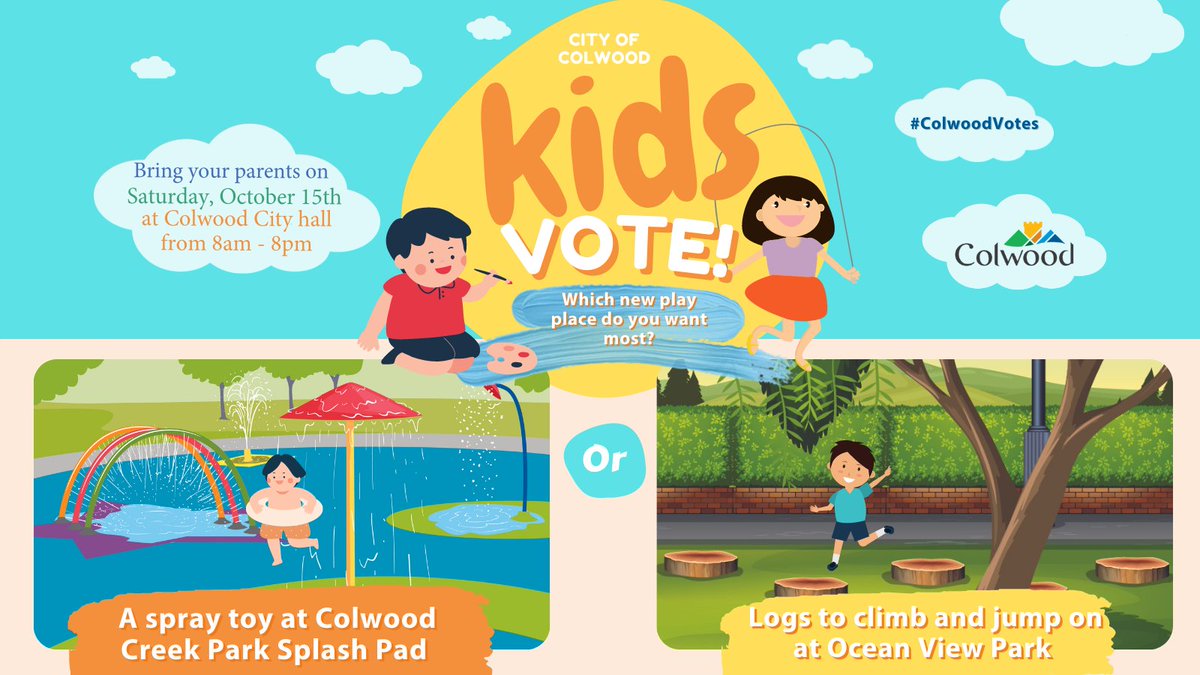 Colwood kids will have the chance to make change in our community and choose between two new park features! Bring them along on General Voting Day, Saturday, October 15, from 8am to 8pm to take part in the Colwood Kids Vote!  Cowlood.ca/Election