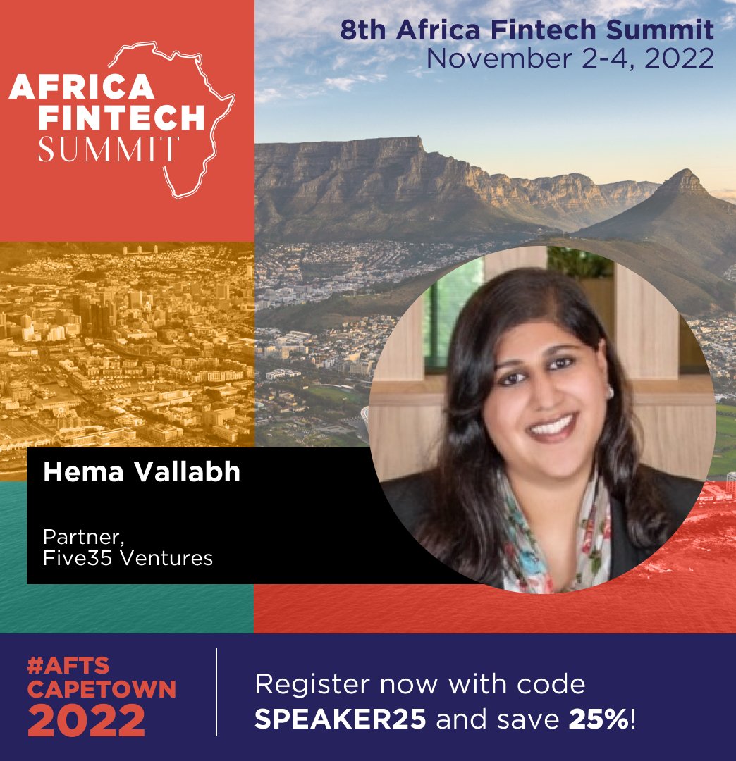 #AFTSCapeTown2022 Speaker Alert

<a href="/HemsVallabh/">Hema Vallabh</a> is a founding partner at <a href="/Five35V/">Five35 Ventures</a>, a pan-African VC fund investing in women in tech. She's also the co-founder and CEO of <a href="/womhub/">WomHub</a>, a pan-African incubator.

Register with the code “SPEAKER25" to save 25%: bit.ly/AFTSCTTickets