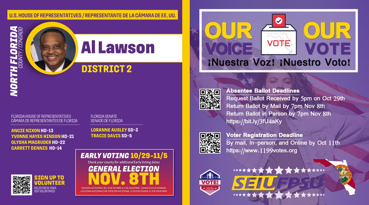 SEIU FPSU (@seiu_fpsu) on Twitter photo NORTH FLORIDA COUNTY
Voter Registration Deadline
By mail, In-person, and Online by Oct 11th 
1199votes.org
Absentee Ballot Deadlines 
Request Ballot Received by 5pm on Oct 29th 
Return Ballot by Mail/ in person by 7pm Nov 8th 
1199votes.org/.../request-yo… NORTH FLORIDA COUNTY
Voter Registration Deadline
By mail, In-person, and Online by Oct 11th 
1199votes.org
Absentee Ballot Deadlines 
Request Ballot Received by 5pm on Oct 29th 
Return Ballot by Mail/ in person by 7pm Nov 8th 
1199votes.org/.../request-yo…