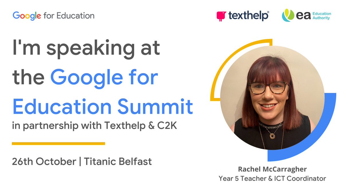 Looking forward to hearing Mrs McCarragher speaking at the @GoogleForEdu Summit in partnership with @texthelp!

She'll be delivering a session on Using Google Workspace in the Primary School.

👉 Register here bit.ly/GfEni

#LoveToLearnLearnToLove