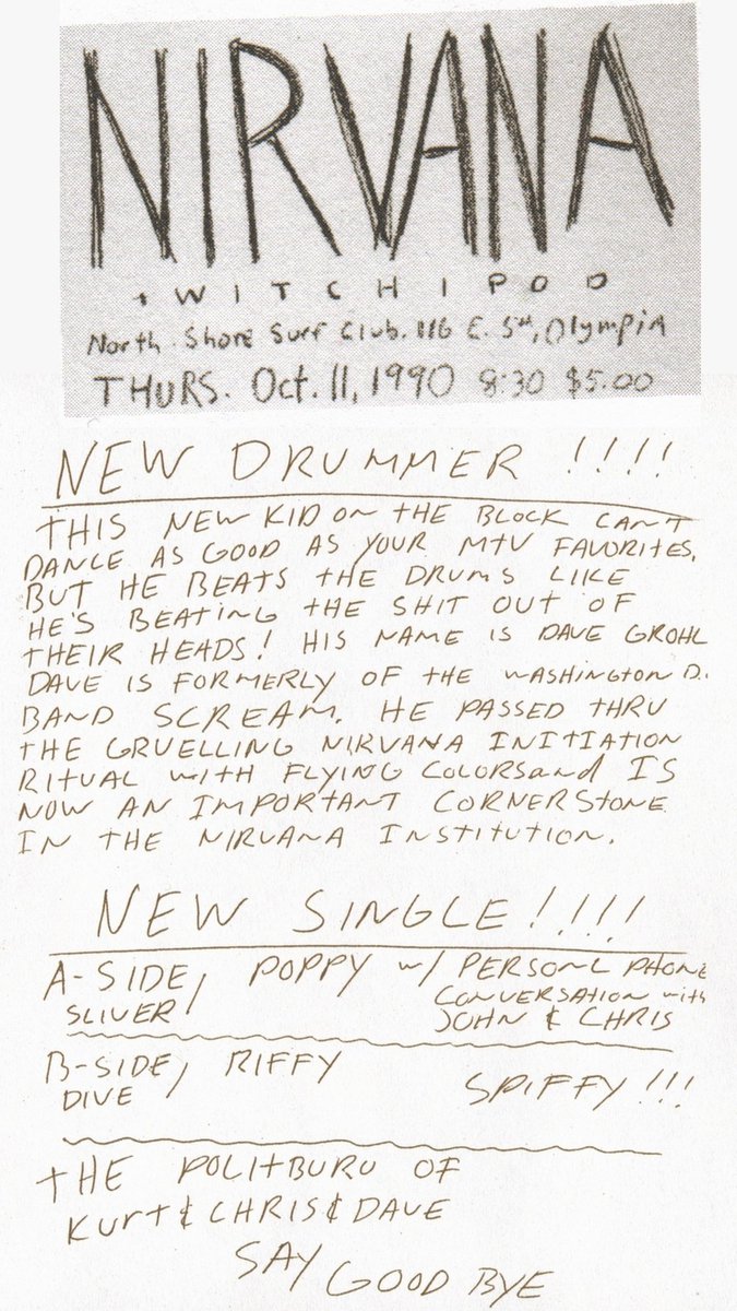 TheGrungeScene's tweet image. October 11, 1990 – Dave Grohl played his first show with Nirvana! (Olympia, WA)