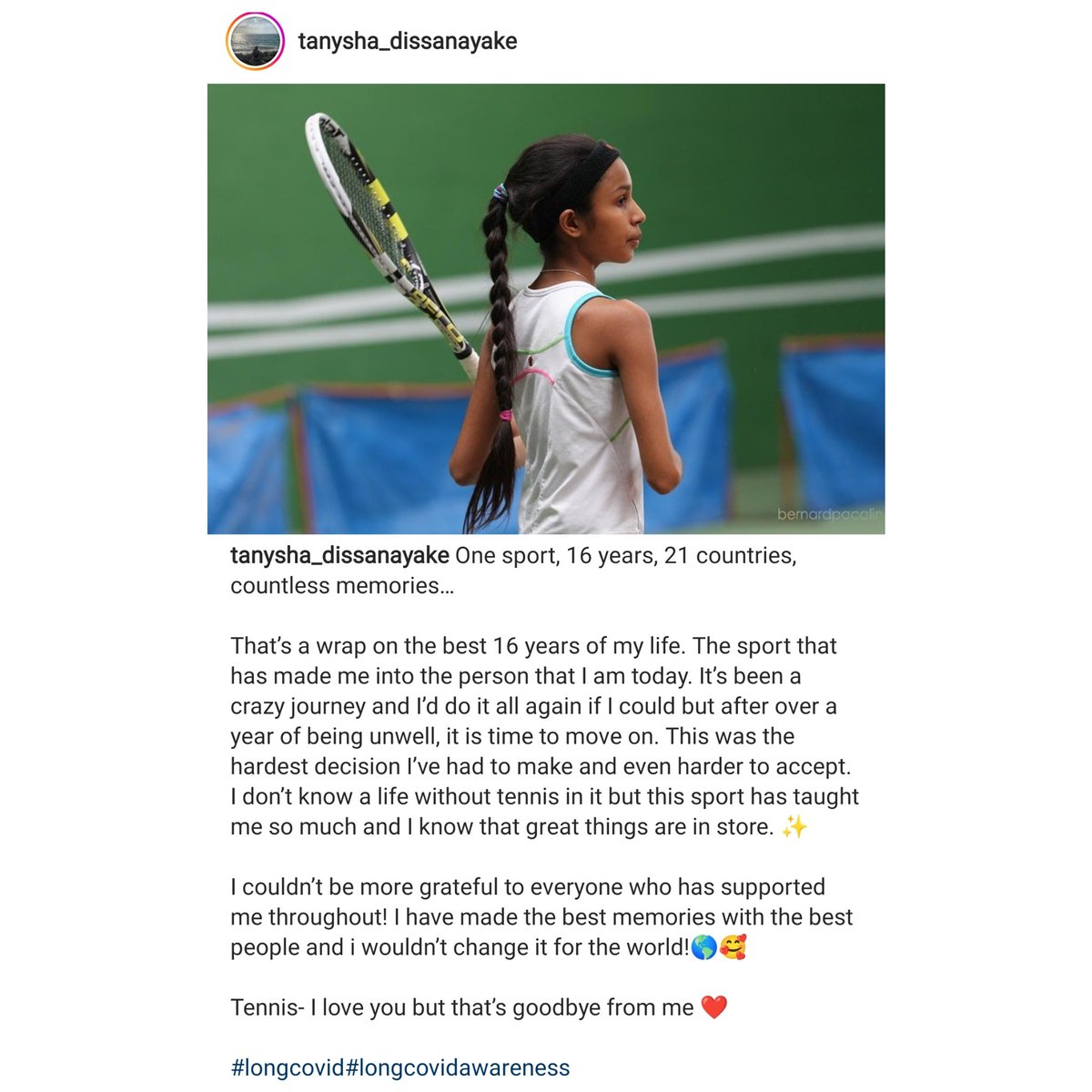 Young British tennis player Tanysha Dissanayake announces her retirement from the sport at the age of 21 because of #LongCovid. 

Our best wishes go out to Tanysha. 
Find her on Instagram here: instagram.com/p/Cjinh4ftbo3/