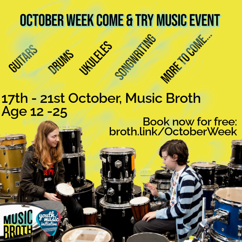 Young people! Stuck for something to do during October Half Term? Want to be more creative? Join @MusicBroth for their October Come &amp; Try Week!

Full details >> bit.ly/3EydlKR