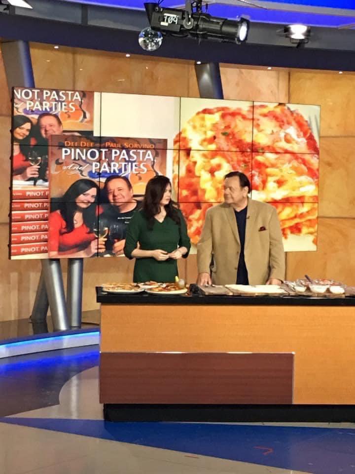 It’s national sausage pizza day so our salumeria pizza in our book ‘ Pizza, Pasta & Parties’ covers that & more. Paul & I had a great time with the book tour . This was one of our fun TV appearances with pizza by Paul and cocktail by me . #imissyou #pinotpastaparties #cookbook
