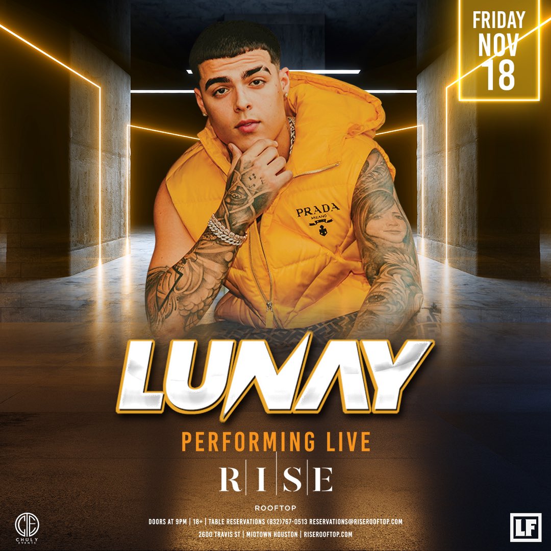 WHLMidtown's tweet photo. 🚨 Show Alert🚨 @lunay Performing LIVE at Rise Friday November 18. Music by @djjchouston Get your tickets and tables NOW at https://t.co/7jlrNMypR1 powered by @chulyevents 
#lunay #reggaeton #riserooftop #houston #latinx https://t.co/9pqrFIONKW