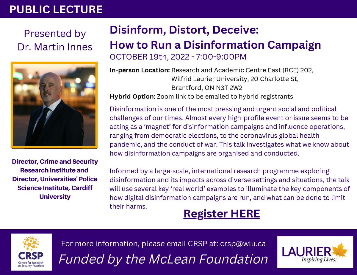 LaurierCriminology (@wlucriminology) on Twitter photo Public Lecture on Disinformation with Dr. Martin Innes from <a href="/cardiffuni/">Cardiff University</a> on October 19 - come to <a href="/Laurier/">Wilfrid Laurier University</a>'s Brantford Campus or join Virtually! Register Here: wlu.ca1.qualtrics.com/jfe/form/SV_cu… Public Lecture on Disinformation with Dr. Martin Innes from <a href="/cardiffuni/">Cardiff University</a> on October 19 - come to <a href="/Laurier/">Wilfrid Laurier University</a>'s Brantford Campus or join Virtually! Register Here: wlu.ca1.qualtrics.com/jfe/form/SV_cu…