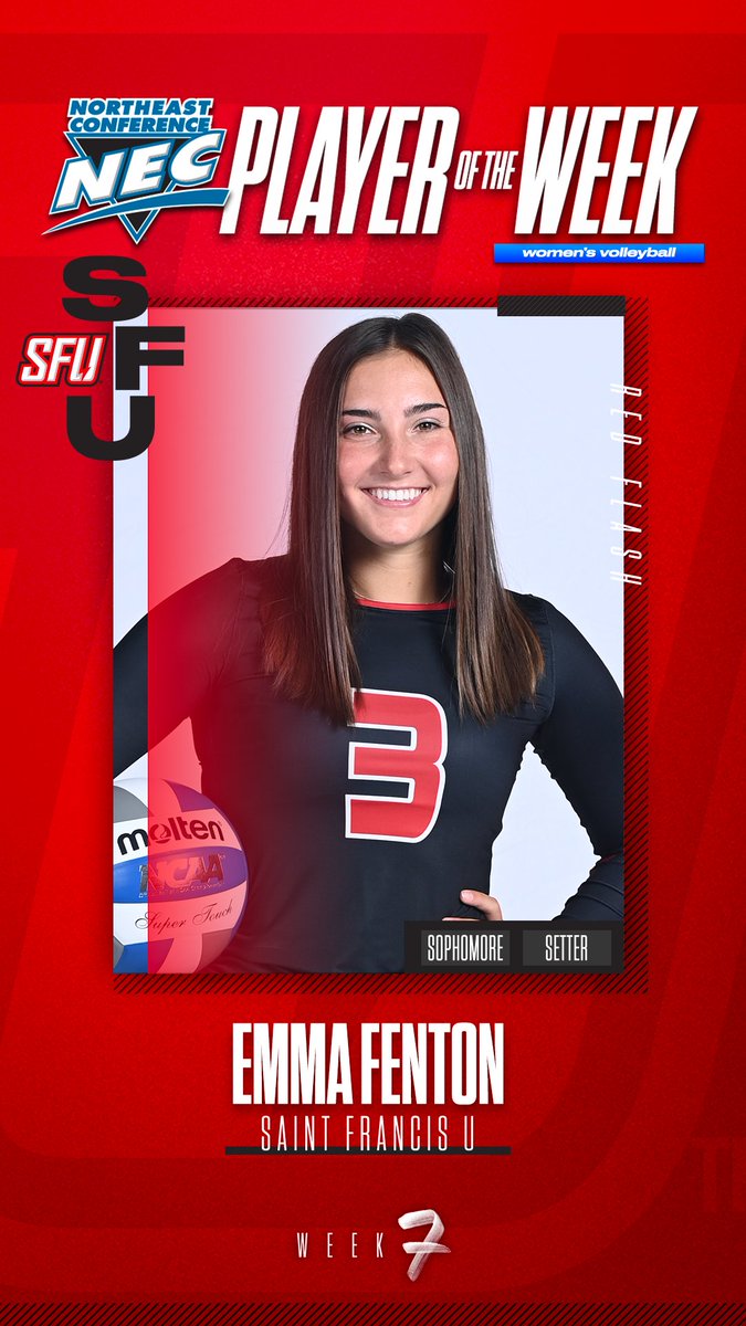 🏅 Official #NECWVB Player of the Week 🏅

➡️ Emma Fenton, <a href="/SFUathletics/">Saint Francis Red Flash</a> 

📓 Fenton averaged 9.70 assists per set in a 1-1 week for the 🔴⚡️. The setter had a double-double (50 assists, 16 digs) in a 5-set win vs. CCSU that featured the 2nd-most dimes in a NEC match in 2022.