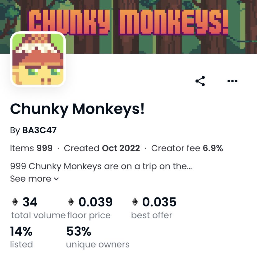 CryptoMafia420's tweet photo. Chunky Monkeys NFT giveaway 🐵

Floor price is 0.039 ETH 🎁

To enter just Follow &amp; RT ~ 24 hrs ⏰ https://t.co/H9AM8jPCgg