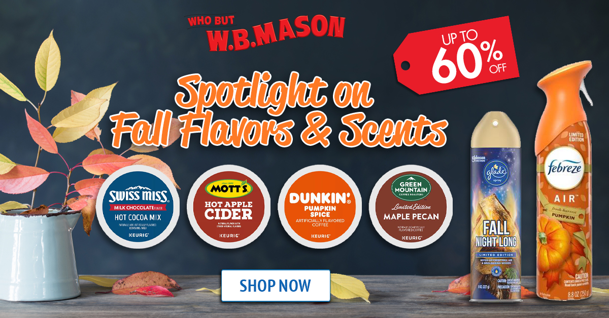 Fall is here! Check out the collection of sweet and savory autumnal scents and flavors at wbmason.com! 🍁🎃🍂☕️ #fallflavors #fallscents #shopnow #whobut #wbmason wbmason.com/SearchResults.…