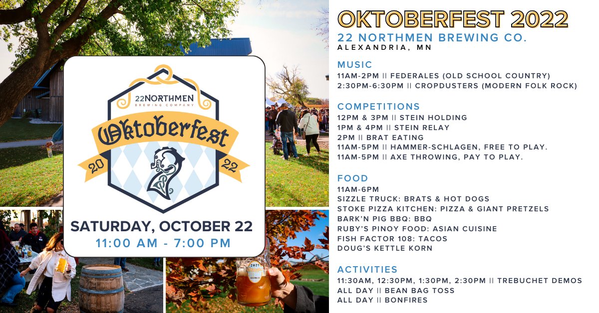 OKTOBERFEST / SAT, OCT 22: Free admission, 22 Northmen beer, Carlos Creek wine, delicious eats, live music &amp; games make for the perfect October day. Join us next Saturday for fall fun!

#22northmenbrewing #carloscreekwinery #boldnorthcellars #exploremn #explorealex #mnoktoberfest