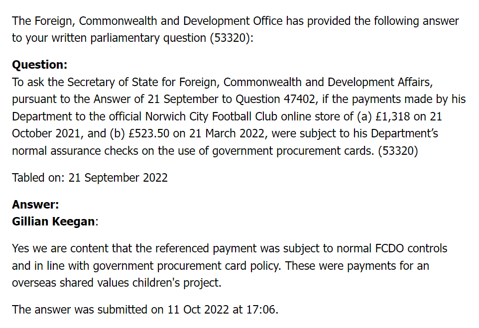 So Twitter hive mind, answer this question for me, because I'm not fully confident that the Foreign Office will: what on earth is an 'overseas shared values children's project', and why was the appropriate way to fund it through purchases at the Norwich City club shop?
