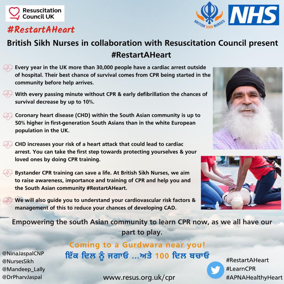 So happy to announce that alongside @NursesSikh & in collaboration with @ResusCouncilUK we launch our very own #RestartAHeart campaign. Our mission is to ensure our community is educated on the importance of cardiovascular health & how to perform CPR. Further details to follow 🫀