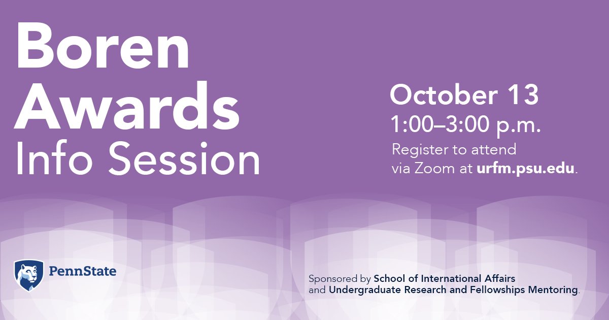 Undergraduate Research and Fellowships Mentoring (@psu_urfm) on Twitter photo Undergrad or graduate students interested in a long term abroad experience, come to the Boren Awards Information Session on Thursday to learn about this opportunity!
<a href="/PennStateSIA/">Penn State School of International Affairs</a>
<a href="/PSU_Undergrad/">PSU Undergrad Ed</a> Undergrad or graduate students interested in a long term abroad experience, come to the Boren Awards Information Session on Thursday to learn about this opportunity!
<a href="/PennStateSIA/">Penn State School of International Affairs</a>
<a href="/PSU_Undergrad/">PSU Undergrad Ed</a>