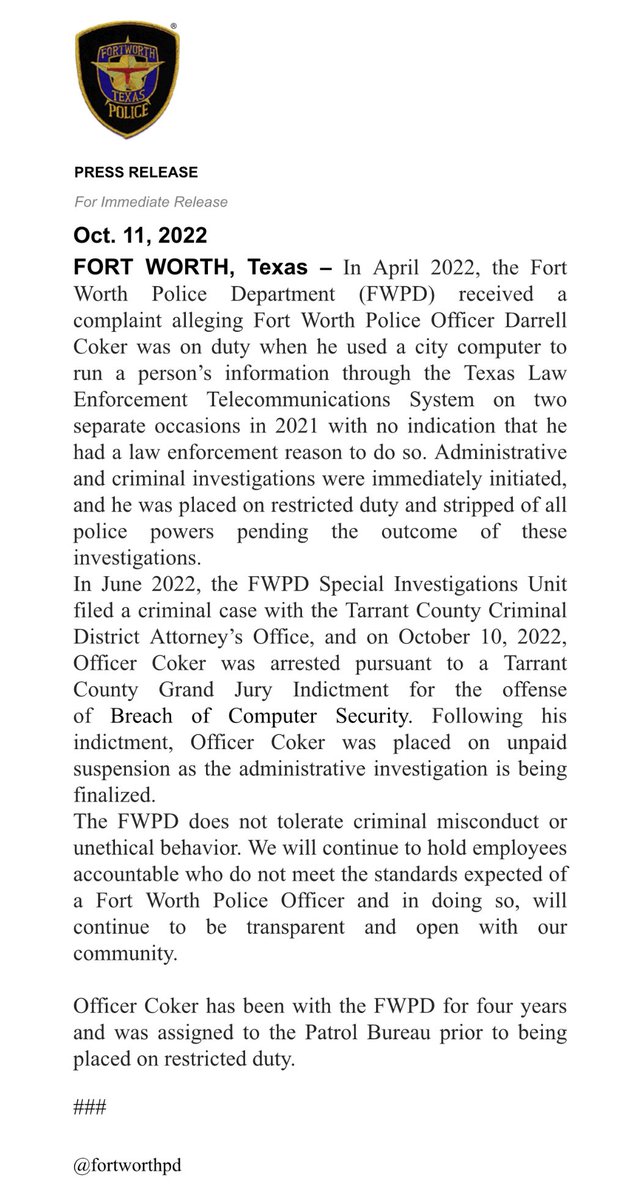 Fort Worth Police tweet media