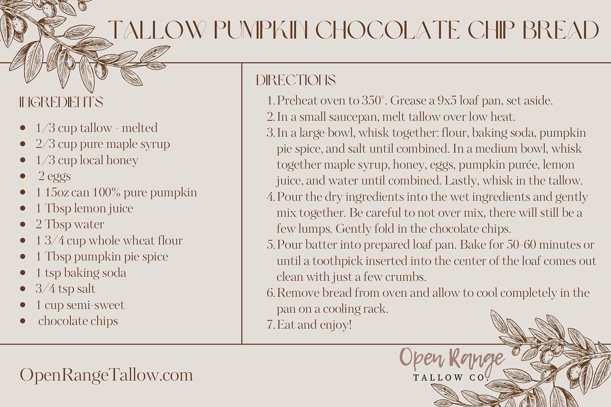 OpenRangeTallow's tweet image. Did you know, tallow is great for cooking and baking too? We created this tallow pumpkin chocolate chip bread recipe and it is SO GOOD! This is why we are offering BUY ONE GET ONE FREE tallow cooking oil!!! Use code “HAPPYFALL” at checkout to claim your BOGO tallow cooking oil!