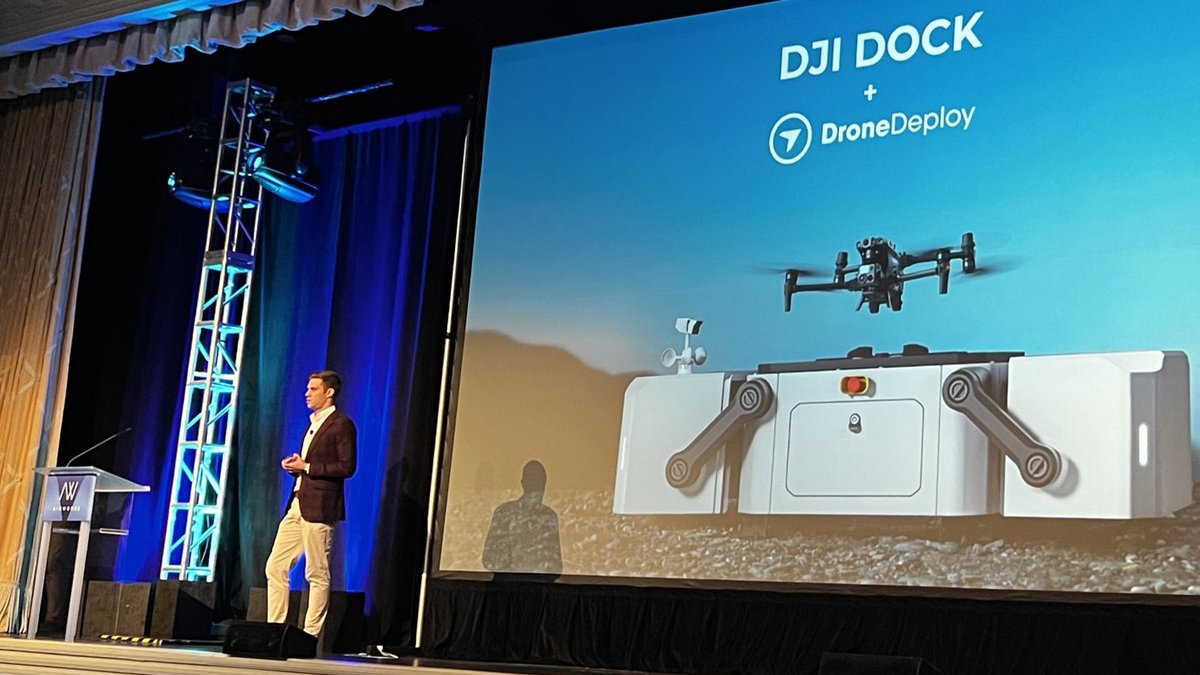DroneDeploy's tweet photo. Our VP of Product James Pipe is on stage at @DJIGlobal Airworks 2022 sharing DroneDeploy's vision for the future of reality capture and exciting news on our support for the Mavic 3 Enterprise and DJI Dock 🚀

#realitycapture #drones #DJI #automation #DJIAirWorks2022 https://t.co/u2u6Ng0lmq