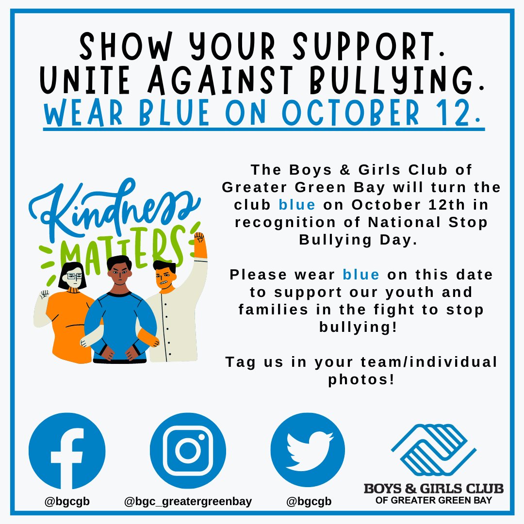 TOMORROW! We’re sporting BLUE! We hope you join us and wear BLUE too! 👔👖👟🧢

As you may know, October is World Bullying Prevention Month and October 12th is National Stop Bullying Day. 

Take pictures, tag Club and show your support. 

#BullyingPreventionMonth #wearblue