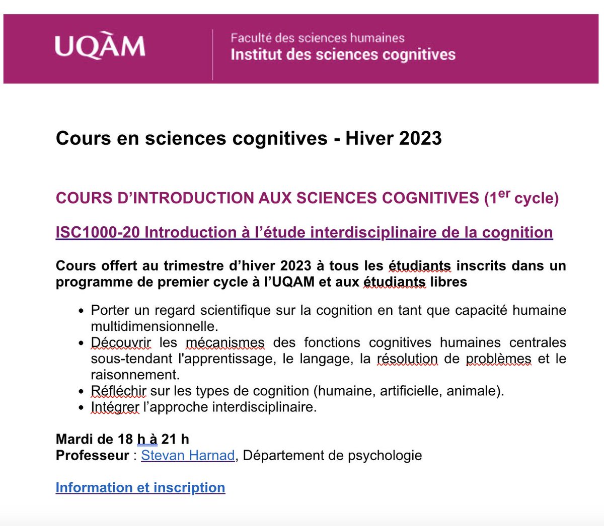 Aimerais-tu en apprendre plus sur les sciences cognitives ? Le cours ISC1000 - Introduction à l'étude de la cognition est ouvert à tous à l'<a href="/UQAM/">UQAM | Université du Québec à Montréal</a> à la session d'hiver 2023. Pour plus d'info👇: etudier.uqam.ca/cours?sigle=IS…