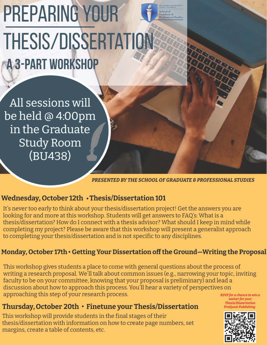 SouthernGPS's tweet photo. ๐ขATTN GRADUATE STUDENTS:๐ข
PREPARING YOUR THESIS/DISSERTATION WORKSHOP
๐๏ธTomorrow, 10/12/22
๐ Buley 438
๐4:00 pm
#BeMoreInspired #scsuct #scsugradschool #nhv #scsuowls https://t.co/h7RRZZUwM6