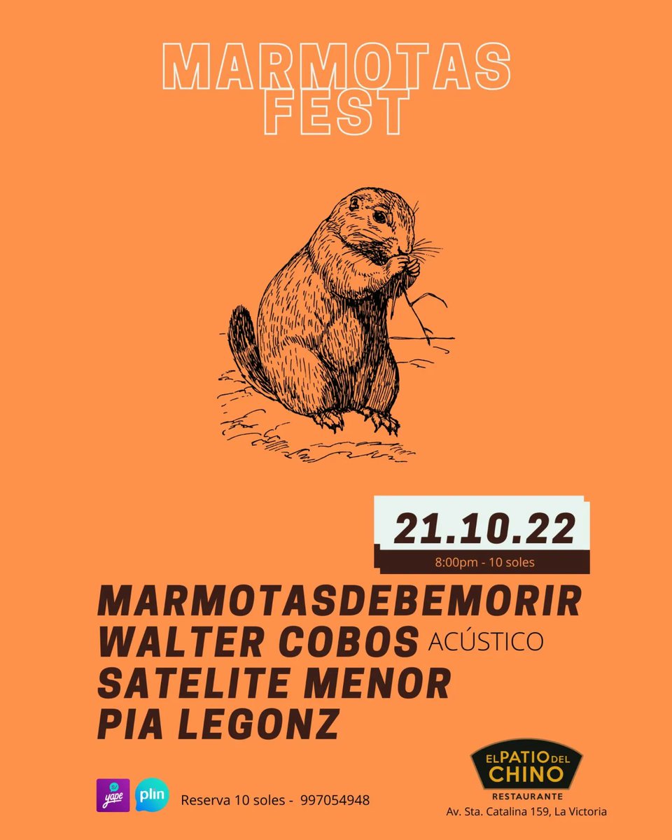 pialegonz's tweet photo. 🌬🎙Nos volvemos a ver ¡#ENVIVO! 🎶 
Se viene el #MarmotasFest 🦫  Viernes 21/10 en El Patio Del Chino 🍽 🍻 junto a:
🔸️ Marmotasdebemorir 
🔸️ @Wc0b0Z  
🔸️ @SateliteMenor
Estaré abriendo el #concierto y estrenando algo nuevo ✨️Tendré discos originales en venta de mi EP 💿 https://t.co/ahes8Em4n4