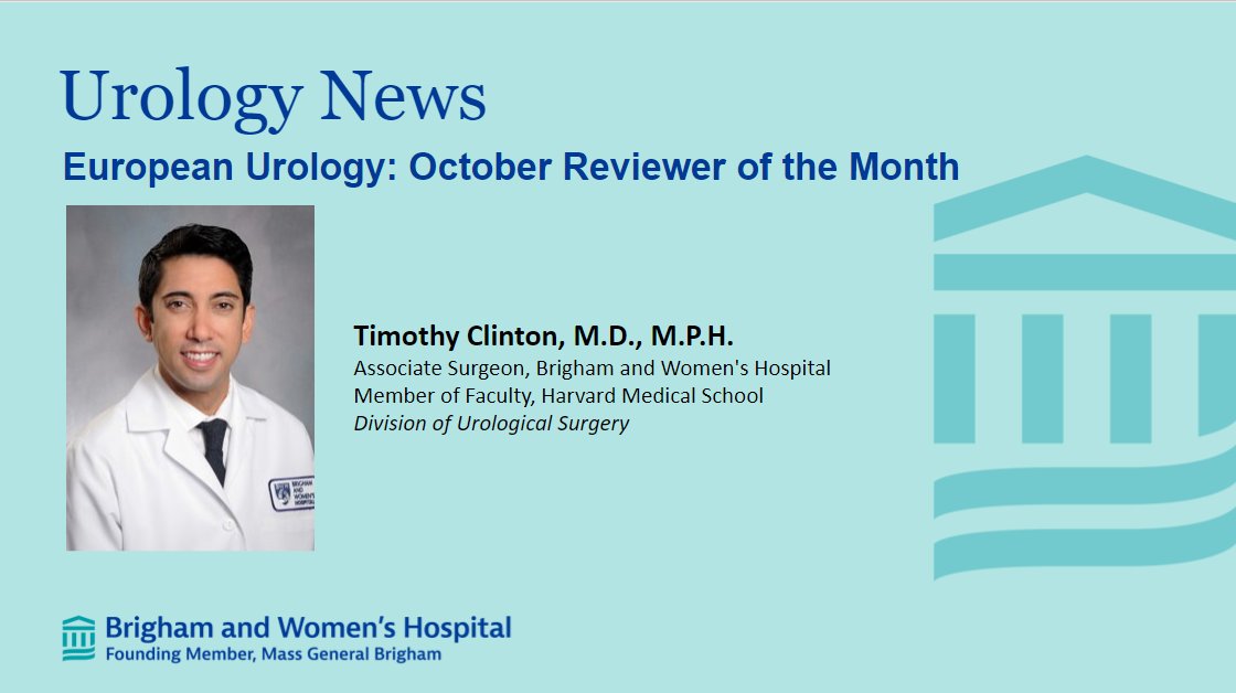 Brigham and Women's Hospital Department of Urology (@bwhurology) on Twitter photo Congratulations to <a href="/ClintonTim/">Tim Clinton</a> for being the October 2022 Reviewer of the Month for European Urology.!
🔗:europeanurology.com/content/review… Congratulations to <a href="/ClintonTim/">Tim Clinton</a> for being the October 2022 Reviewer of the Month for European Urology.!
🔗:europeanurology.com/content/review…