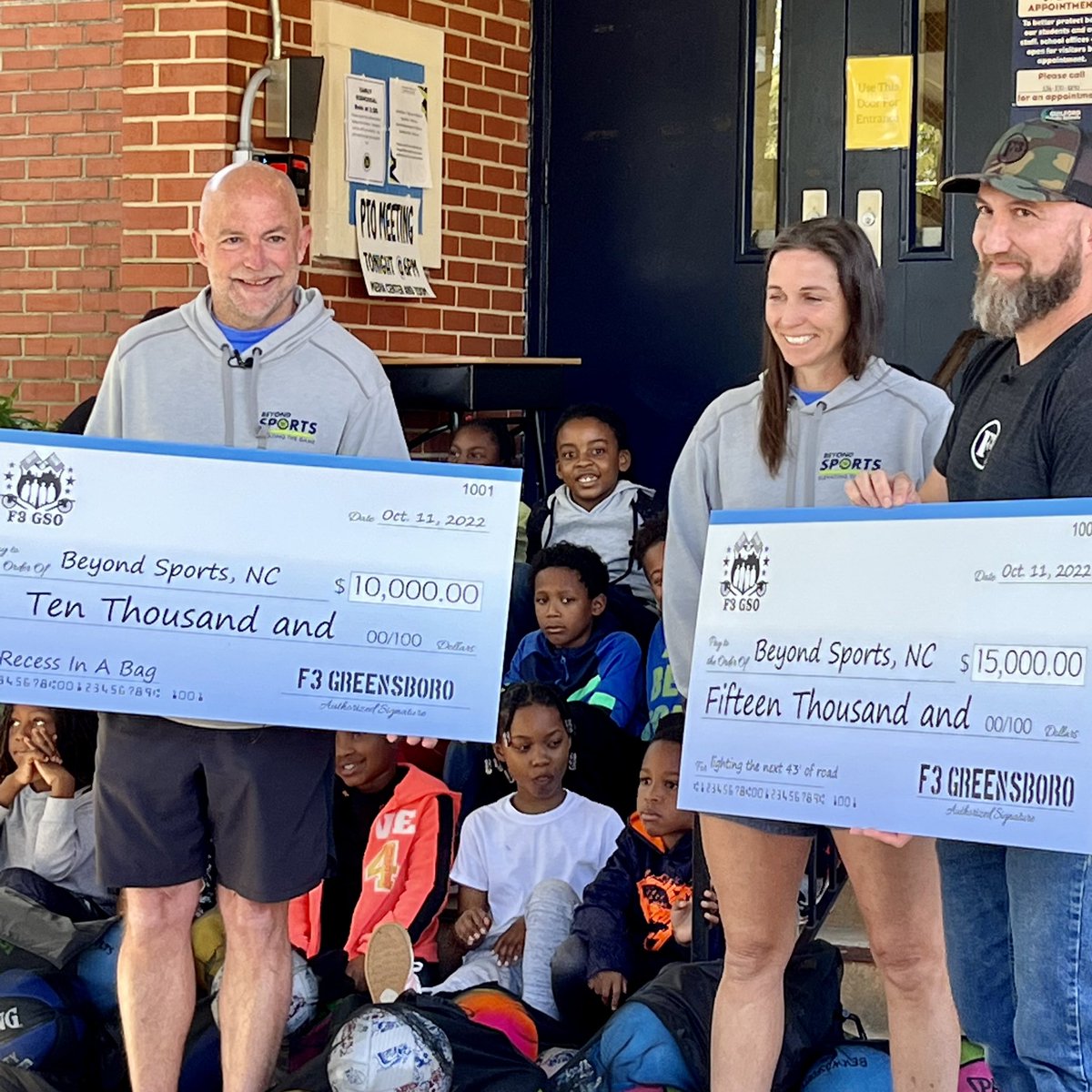 IMPACT! So dang proud of <a href="/F3Greensboro/">F3 Greensboro</a> &amp; their passion for this community. Presented <a href="/Beyondsportsnc/">Beyond Sports NC</a> with $10,000 to fully fund #RecessInABag
And then, “one more thing…” another $15,000 to light the next 43’ of road. 
🔥 🤜💥🤛 🔥