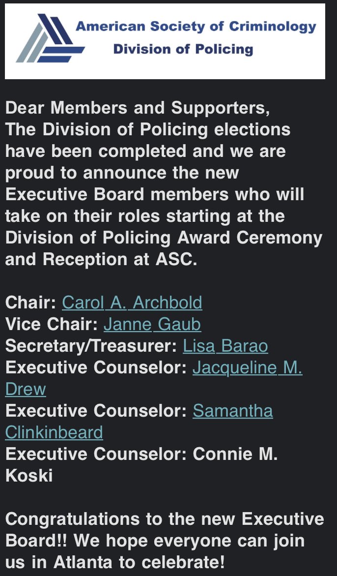 Jon Maskaly (@dr_jonund) on Twitter photo I am so excited to see the new leadership team of ASC’s Division of Policing is not only a group of bad ass scholars that I respect, a UND Alumnus (<a href="/ArchboldCarol/">Dr. Carol A. Archbold</a>), and a group of all women. I look forward to the future of the division with this talented group at the helm! I am so excited to see the new leadership team of ASC’s Division of Policing is not only a group of bad ass scholars that I respect, a UND Alumnus (<a href="/ArchboldCarol/">Dr. Carol A. Archbold</a>), and a group of all women. I look forward to the future of the division with this talented group at the helm!