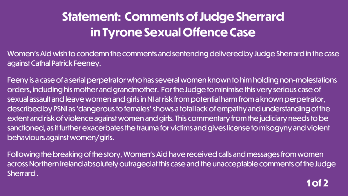 WomensaidBelLis's tweet photo. Women's Aid NI Statement: Comments of Judge Sherrard in Tyrone Sexual Offence Case

For further information on accessing support please visit: https://t.co/CuvZPV6q29

@WomensAidNI 

1 of 2 https://t.co/vVyKTWYaLw