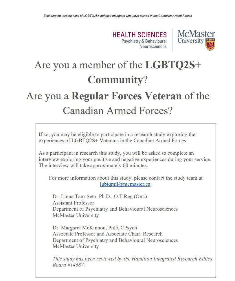 Atlas Institute for Veterans and Families (@atlasveteransca) on Twitter photo Are you an LGBTQ2S+ Veteran of the Canadian military? If so, your experiences, both positive and negative, may be of interest to researchers at <a href="/McMasterU/">McMaster University</a>. At this time, McMaster is conducting the studies in English only. Learn more about how you can contribute: Are you an LGBTQ2S+ Veteran of the Canadian military? If so, your experiences, both positive and negative, may be of interest to researchers at <a href="/McMasterU/">McMaster University</a>. At this time, McMaster is conducting the studies in English only. Learn more about how you can contribute: