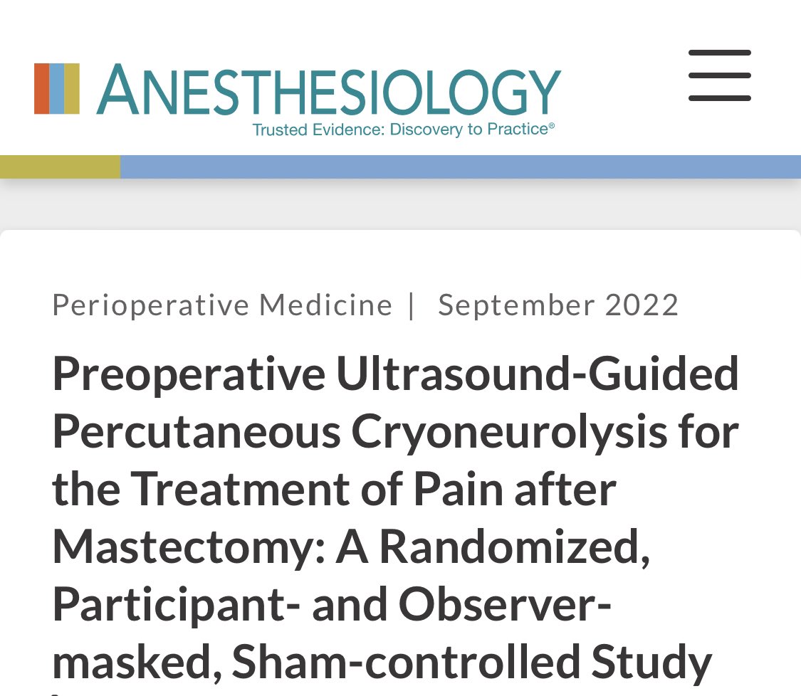 Percutaneous cryoneurolysis markedly improved analgesia without systemic side effects or complications after mastectomy. Interesting results as cryo is becoming popular for pectus excavatum repairs in teens as well. pubs.asahq.org/anesthesiology… #PedsPain #PedsAnes @_Anesthesiology