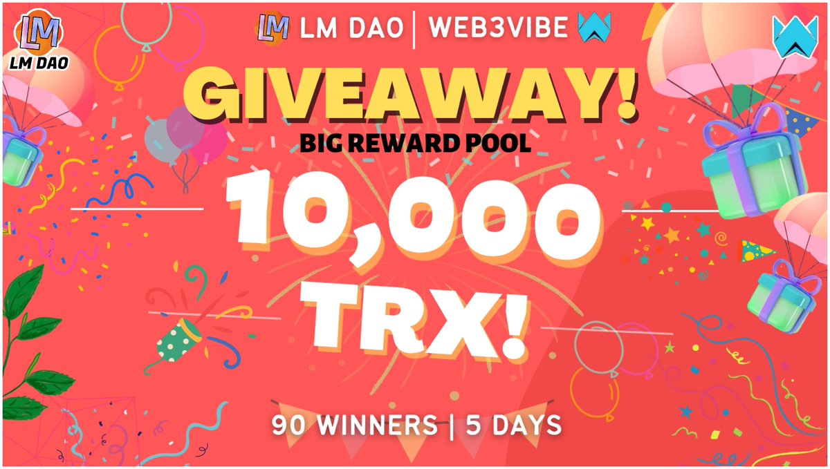 📣 Mega #TRX #Giveaway 🔥 😱 BIG Reward Pool - 🎁• 10,000 TRX💲💸 (Worth ₹55,000+ 😍) To Enter: ➡️ ✅ Follow @dao_lm and @Web3_vibe ✅ Like, RT & Tag 5 Friends. ✅ Finish #Gleam Tasks: giv.gg/lmdao-web3vibe ENDS IN 5 DAYS. ⏰ #Airdrop #NFTGiveaway #Giveaway #TRON #USDT