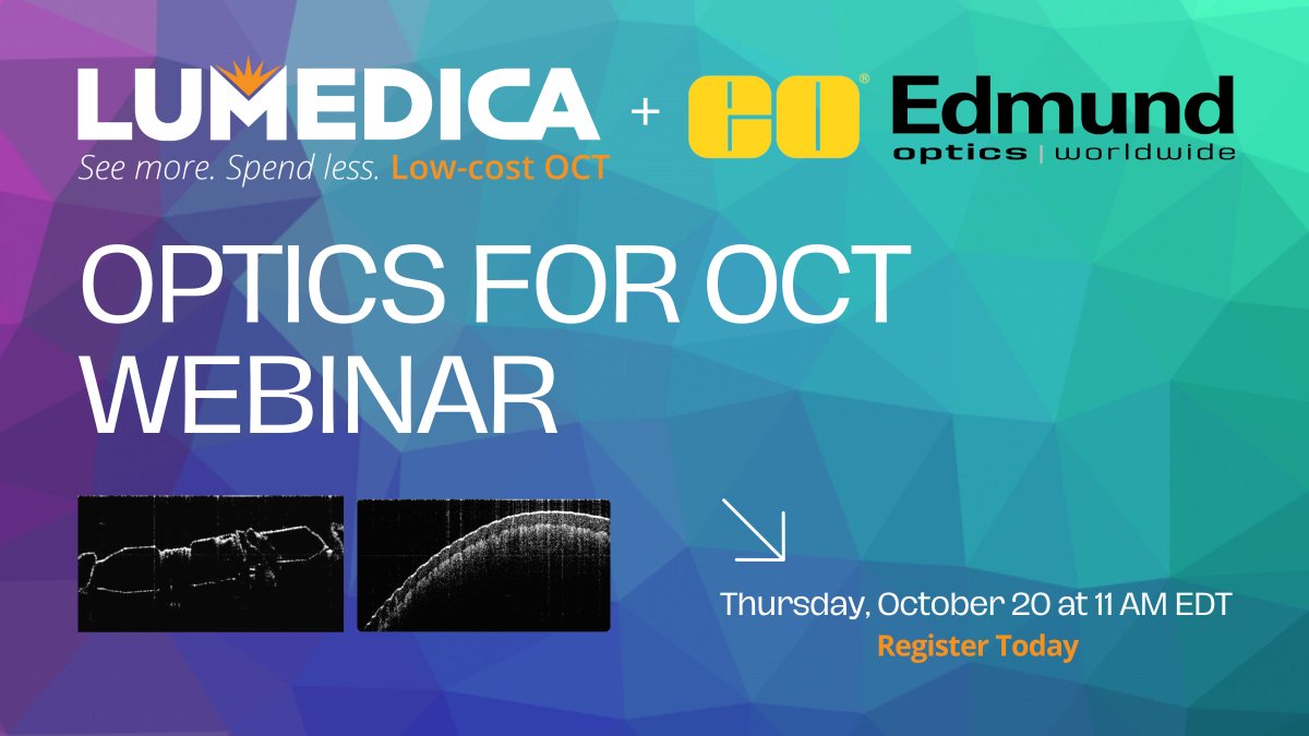 Have you ever wondered which #optics are required for an OCT #imaging system? How could a system be adapted to achieve better #resolution or #imagingdepth? Join @awaxye and @EdmundOptics for an OCT webinar on October 20 at 11:00 AM EDT. Register below. tinyurl.com/2xdhbw4j