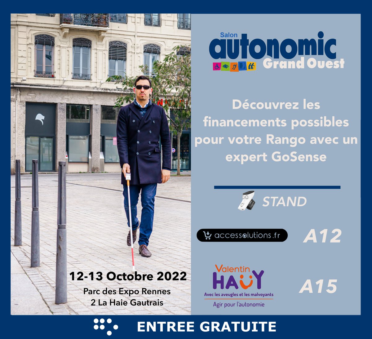 📢 GoSense est présent au Salon Autonomic Grand Ouest à Rennes, au parc Expo Hall 5, 📍2 la Haie Gautrais 355170 Bruz. Nous serons sur le stand A12 et le stand A15. #aveugle #CanneBlanche #CanneBlancheElectronique #GoSense #Rango #infodv #AutonomicGrandOuest