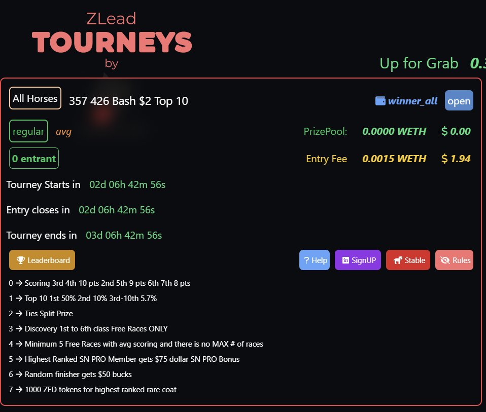 zed-tourney-ui2.vercel.app

tons of free money
SN PRO members bonus 
Random finisher gets CASH
1000 zed tokens to highest rare coat!

only $2 bucks