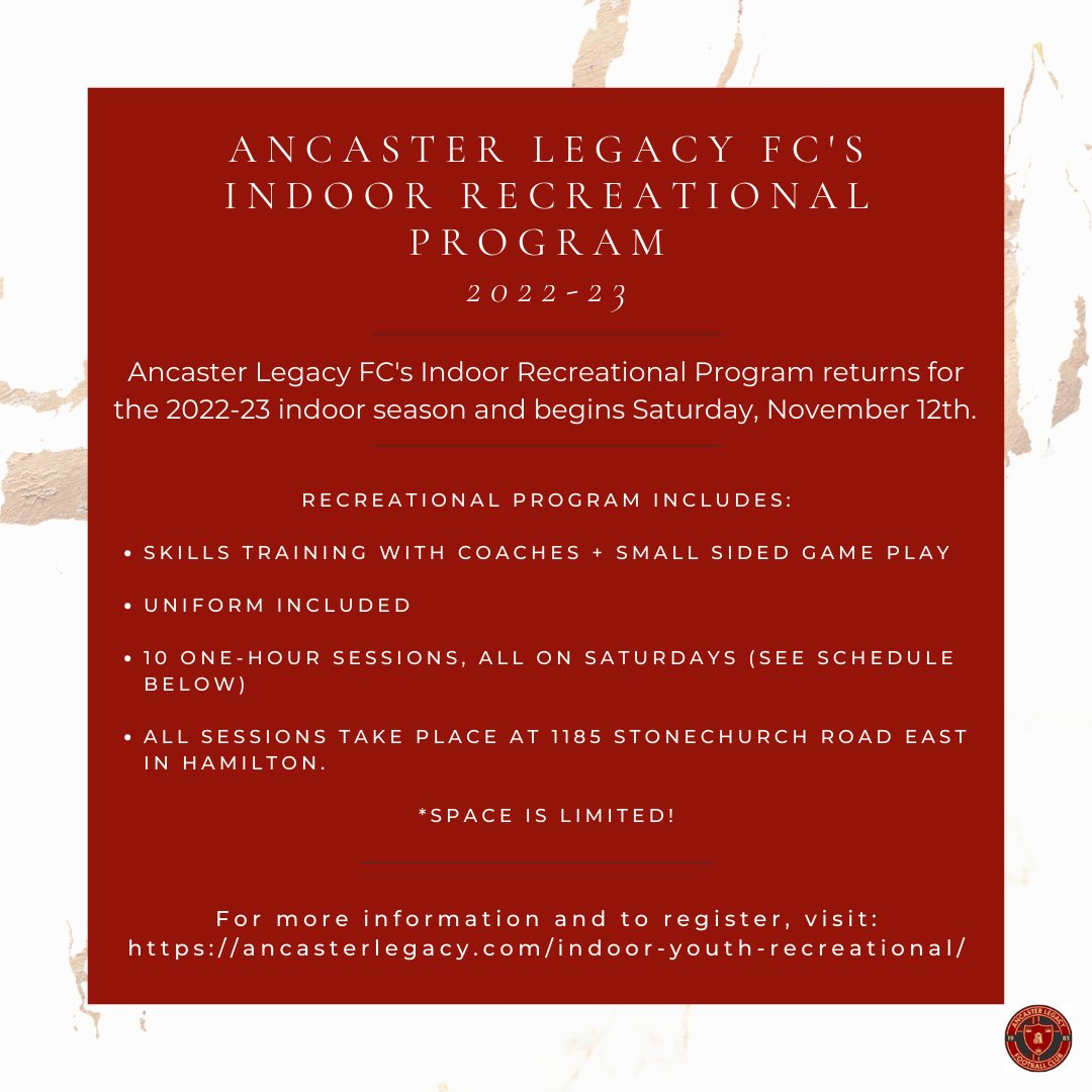 Hey soccer parents &amp; guardians!

Ancaster Legacy FC's Indoor Recreational Program is returning for the 2022-23 indoor season and begins Saturday, November 12th.

*Space is limited!

To register, follow the link below:
ancastersoccer.powerupsports.com