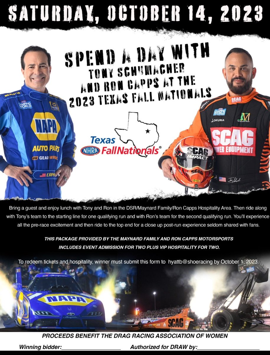 Here's chance to spend VIP day w/ our @TeamRonCapps & @maynard_racing teams for 2023 #FallNats 
💥Winner/guest will ride w/our teams during qualifying ,plus sit down lunch w/ @TheSargeTF & myself in between runs.

DRAW auction is THIS Sat Oct 15th  @txmplex 🏁
#StampedeofSpeed