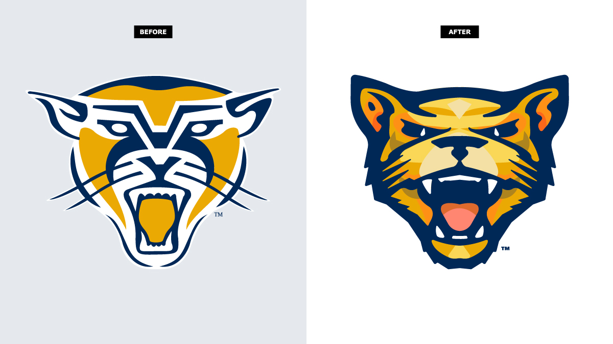 college_logos's tweet photo. #newlogo for WVU Potomac State Catamounts of the NJCAA. The new design uses 12 colors including WVU Blue &amp; Gold. Can you spot the hidden letters in both old &amp; new logos? #CatamountCulture #PotomacState https://t.co/EZImxrrhTQ