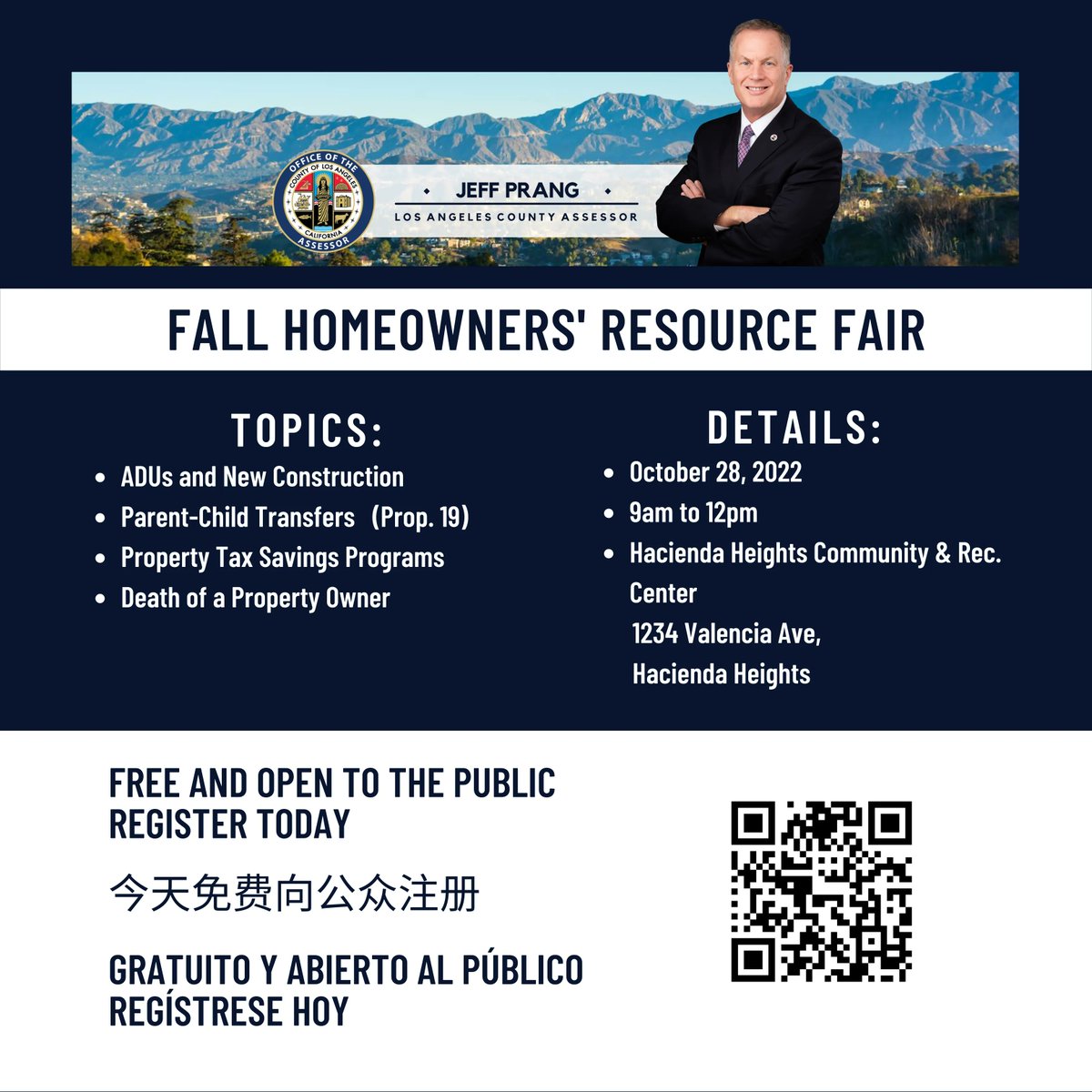 LACAssessor's tweet image. The LA County Assessor Jeff Prang is bringing his Fall Homeowners’ Resource Fair to the San Gabriel Valley on October 28 at 9am. 

Click here to sign up today:  buff.ly/3LsZ3eN

#LACAssessor