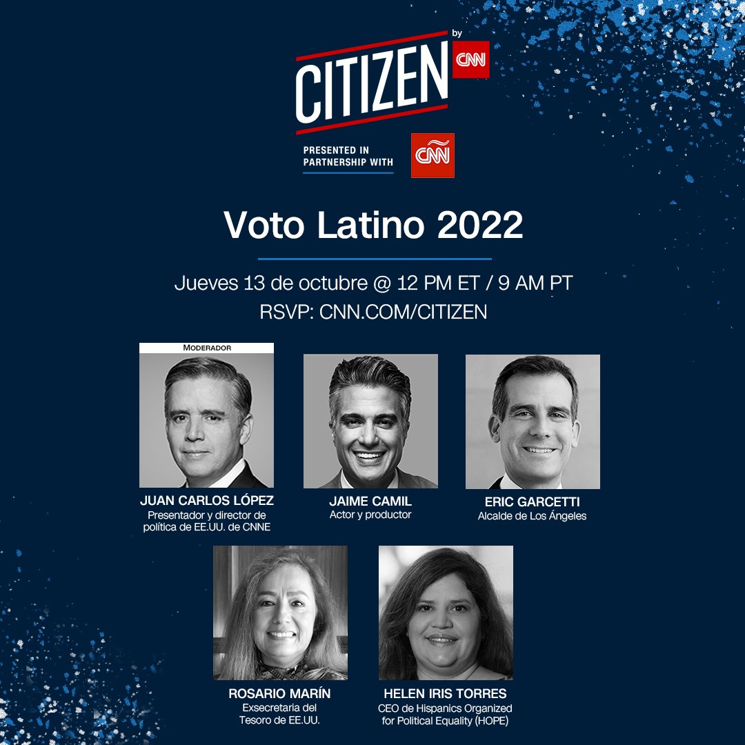 ¿Cuál es la importancia del voto latino en EE.UU.? @jclopezcnn modera la mesa #CitizenByCNN junto al actor @jaimecamil; @ericgarcetti, alcalde de Los Ángeles; @RosarioMarin1, extesorera de EE.UU., y @HelenIrisTorres, CEO de @HOPELatinas, este jueves a las 12 p.m. (Miami).