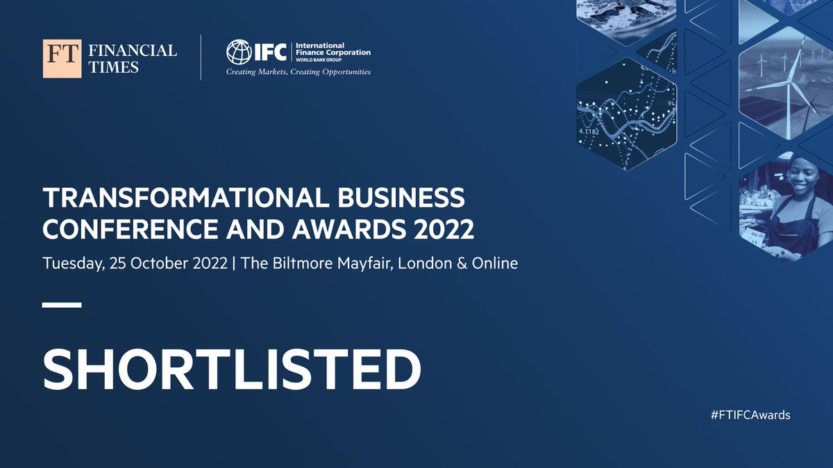 We're thrilled to be shortlisted for the <a href="/ftlive/">Financial Times Live</a>  <a href="/IFC_org/">IFC</a> Transformational Business Awards 2022!

In the category "Transformational Climate Change Solutions"🌍

Find out more about the awards: tinyurl.com/25hub865

#FTIFCawards  #ClimateSolutions <a href="/FT/">Financial Times</a>
