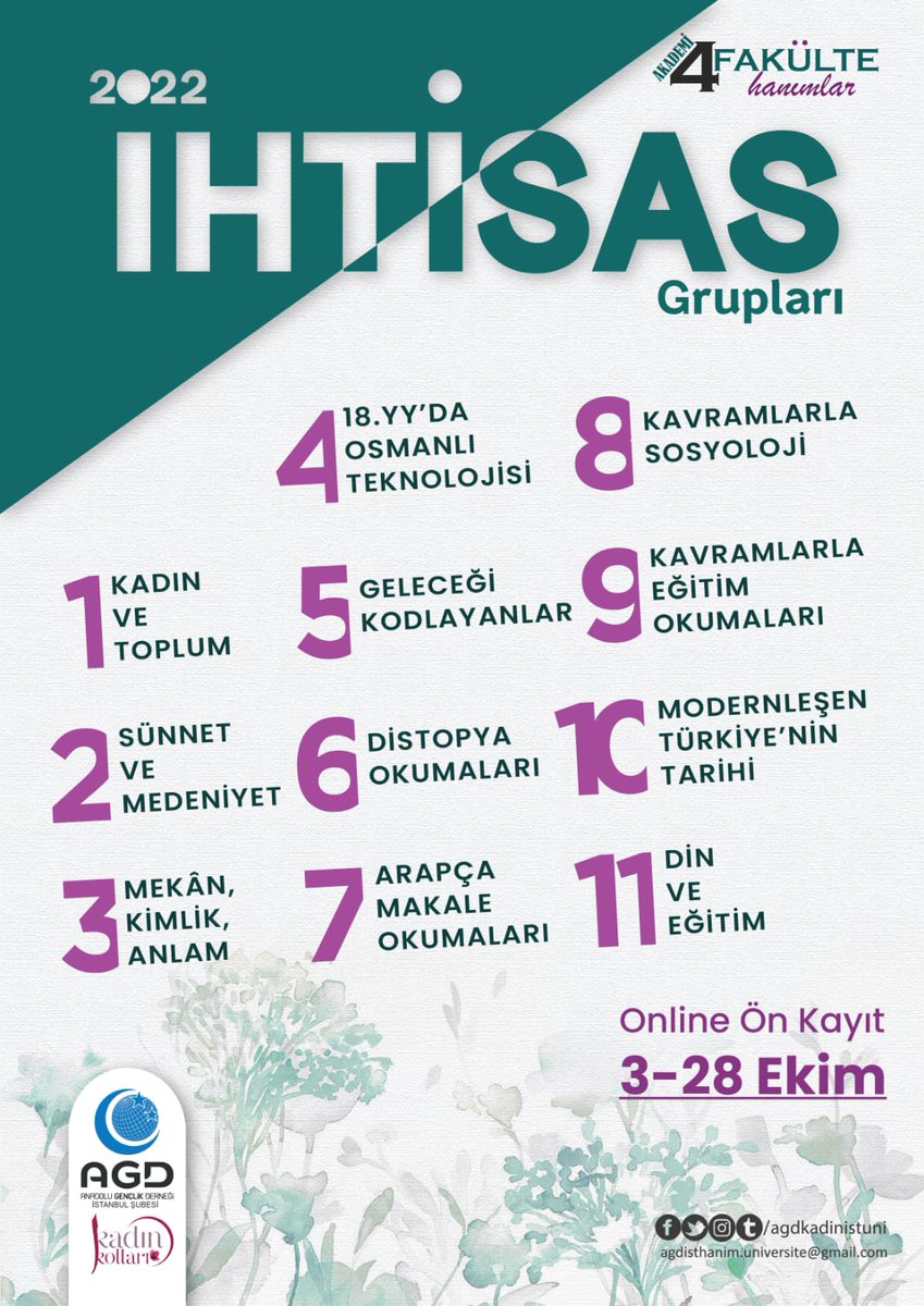 Akademi 4 Fakülte İhtisas Grupları eğitimlerimizin kayıtları devam ediyor!

📌Eğitimlerimiz hanım öğrencilere yöneliktir.
📌Eğitimlerimizin çoğu online olmakla birlikte, grup hocaları, yüz yüze eğitim hakkını saklı tutmaktadır.

Kayıt için: forms.gle/AJXRkLGc4oogFC…
