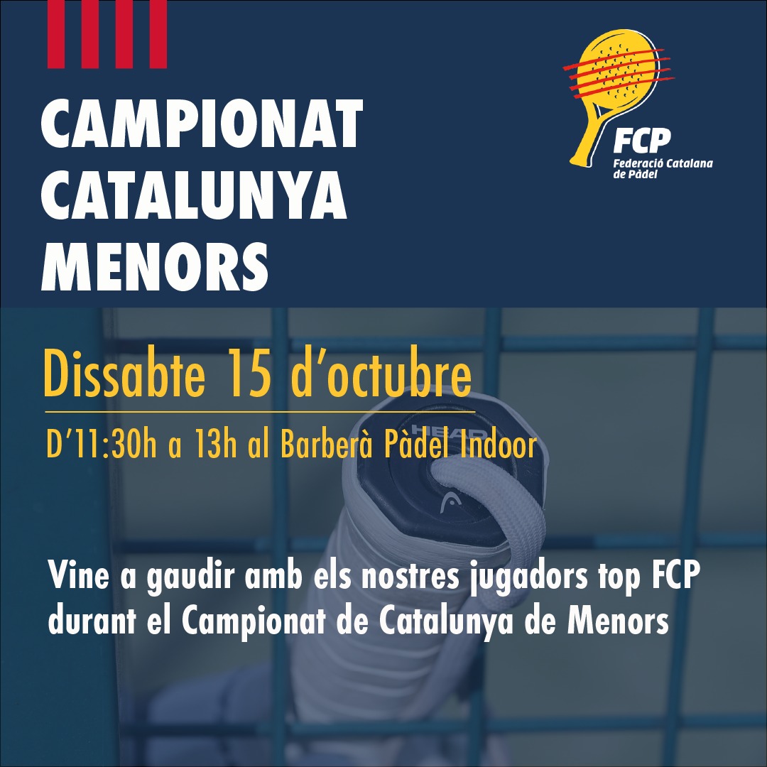 FCatalanaPadel's tweet photo. 🔜Si tens ganes de jugar uns punts amb jugadors catalans FCP 🔝, no et perdis aquest moment:
📍Dissabte d'11.30h a 13h, tindrem algunes de les estrelles del pàdel català al Campionat de Catalunya de Menors al @barberapadelindoor
T'esperem‼️
#CtCATFCP #menors #fcp https://t.co/IhHRyLhRQ9