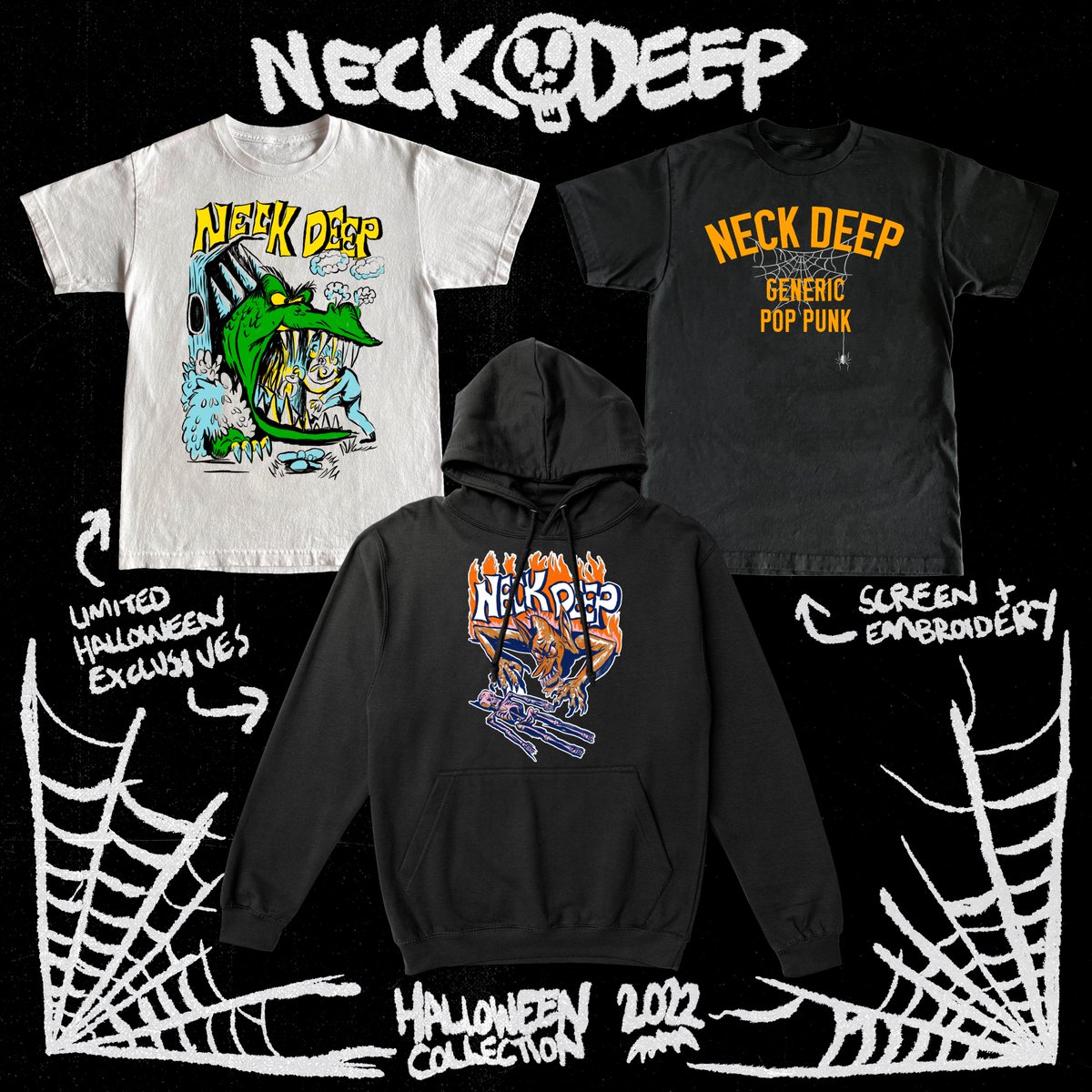 Halloween collection available now. Each of these items are super limited, so once they’re gone, they’re gone! 🎃👻👹neckdeepstore.com