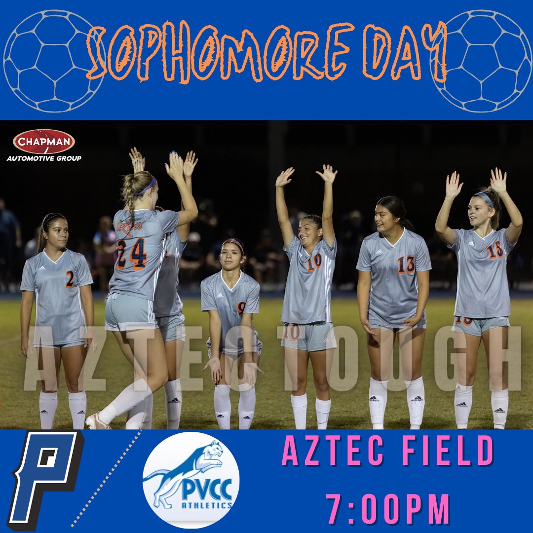 ITS SOPHOMORE DAY for (3) Aztecs Women’s Soccer (10-1, 7-1 in ACCAC) as they take on Paradise Valley CC (6-5, 3-5) in their final regular season home game at the West Campus Aztec Field TONIGHT at 7:00pm. Photo by Stephanie van Latum #PimaSoccer #AztecTough