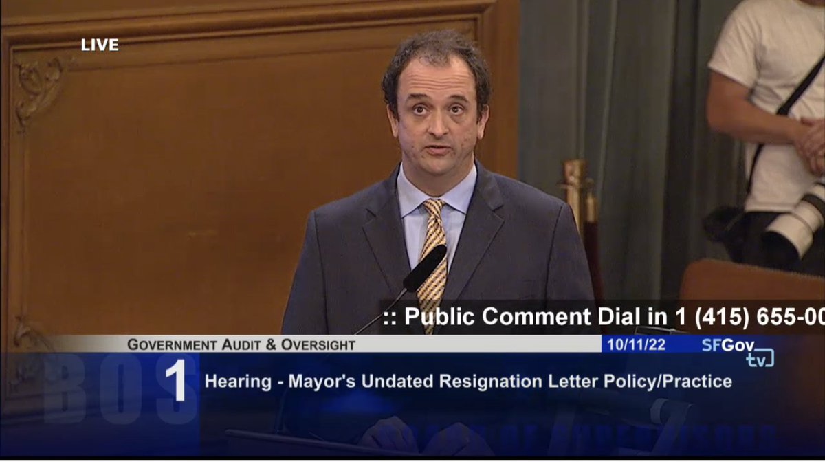 NOW: SF Board of Supervisors hearing on @LondonBreed's pre-written resignation letters for her appointees. The mayor's chief of staff just told @DeanPreston: - whether city attorneys office advised them initially is protected info - no one was told they must have such a letter