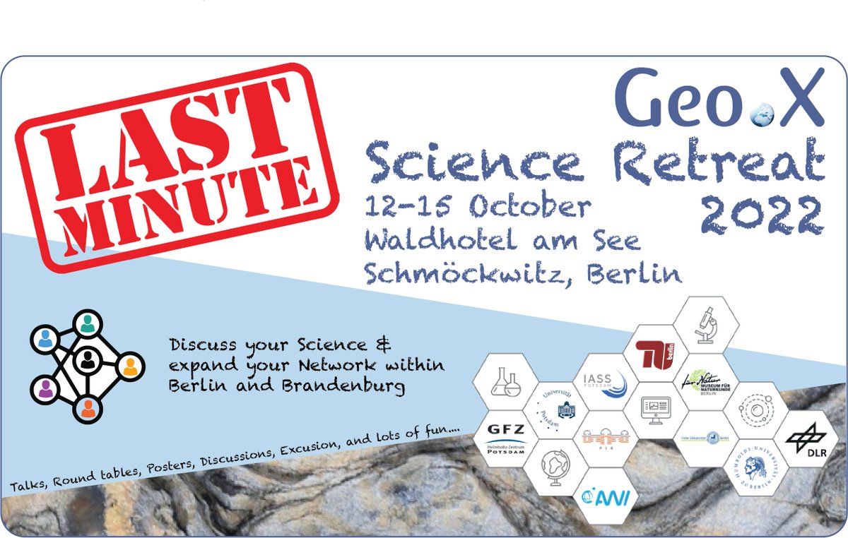 Geo.X Research Network (@geo_x_) on Twitter photo 📢 Last minute chance to join the first Geo.X Science Retreat! Due to cancellations we have a very limited number of seats available (for free)! Send us a DM if you are interested! #Geoscience #Berlin 📢 Last minute chance to join the first Geo.X Science Retreat! Due to cancellations we have a very limited number of seats available (for free)! Send us a DM if you are interested! #Geoscience #Berlin