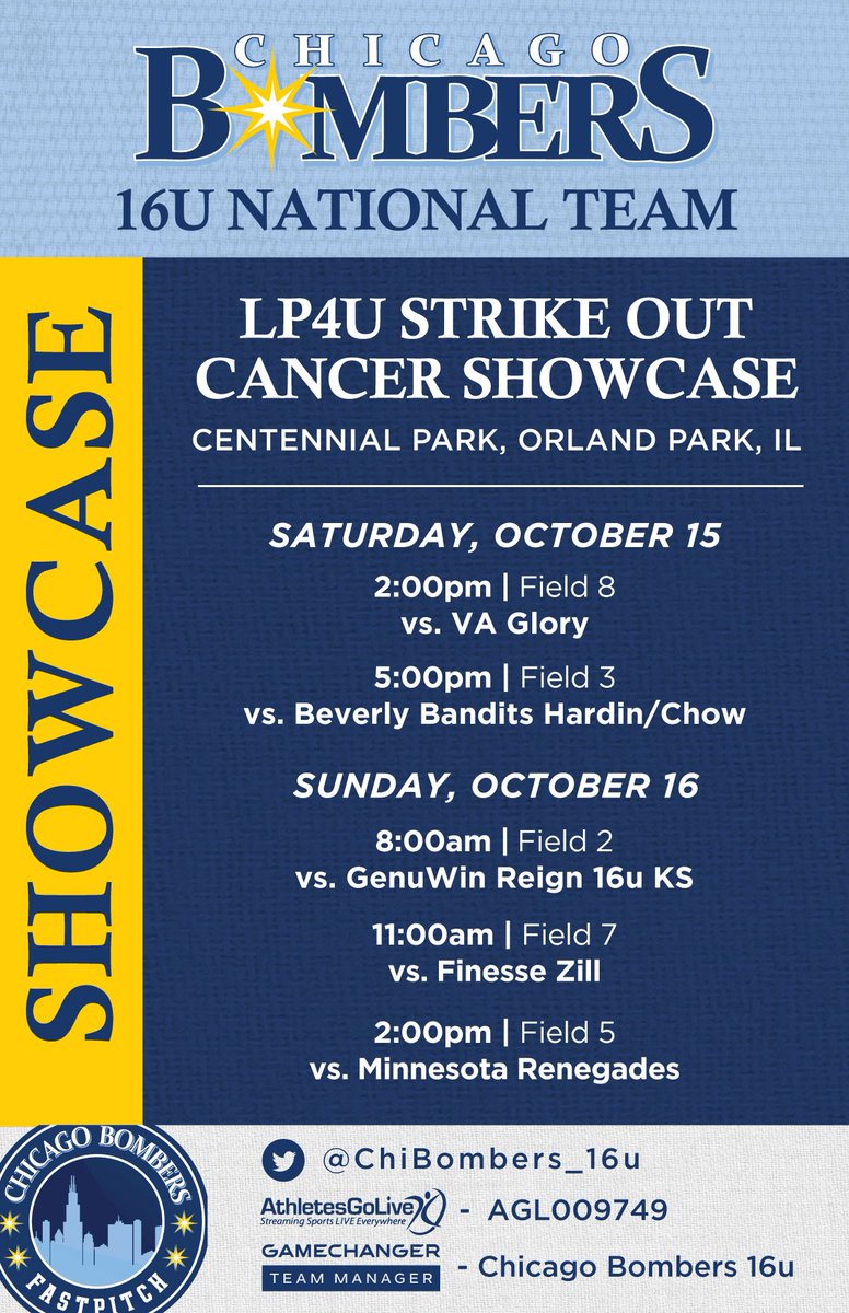 Showcase season is officially upon us. Come watch us play this weekend @ the LP4U Strike Out Cancer Showcase

Sat 10/15:
2pm 🆚 VAGlory (Fld 8)
5pm 🆚 Beverly Bandits Hrdn/Chow (Fld 3)

Sun 10/16:
8am 🆚 GenuWin Reign(Fld 2)
11am 🆚 Finesse Zill (Fld 7)
2pm 🆚 MN Rnegades (Fld 5)