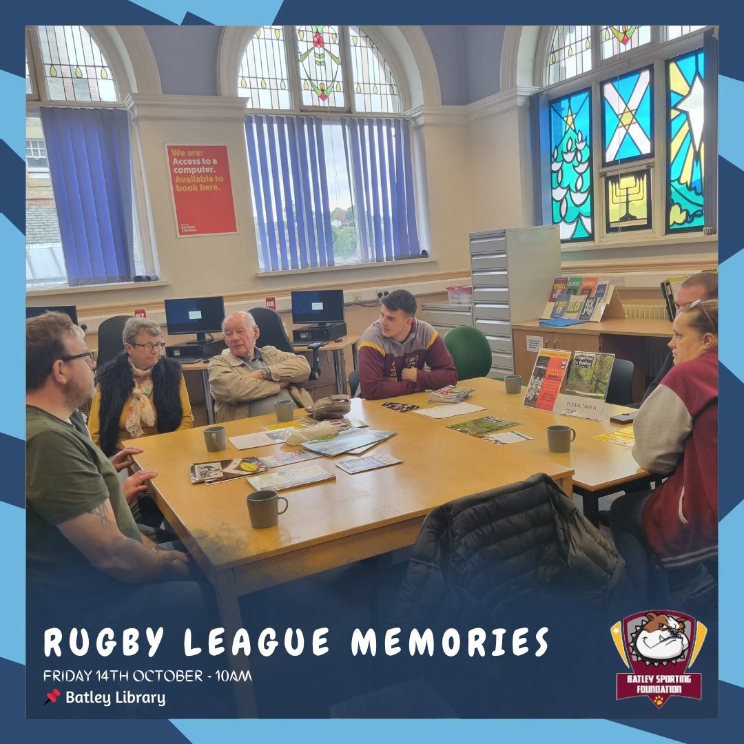 🏉 | 𝐑𝐮𝐠𝐛𝐲 𝐋𝐞𝐚𝐠𝐮𝐞 𝐌𝐞𝐦𝐨𝐫𝐢𝐞𝐬 Here are the details for the session this Friday (14th October): 📍 | Batley Library ⏱️ | 10am Come join us for a chat and a cuppa ☕️ 🤳 If you have any questions, text Jon on 07808 055022 #Batley #dewsbury #rugbyleague #birstall