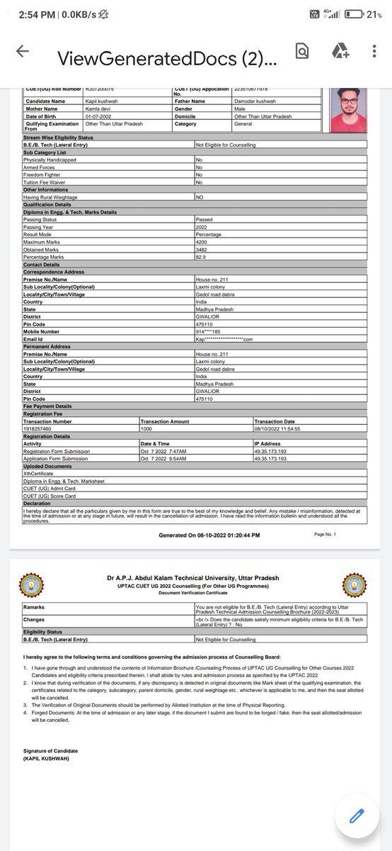 <a href="/AKTU_Lucknow/">Dr APJ Abdul Kalam Technical University, Lucknow,</a> when i complete my payment for counseling you are eligible for counseling shows on documents but after documents verification it shows you are not eligible for counseling 😢 not what i should i do.??